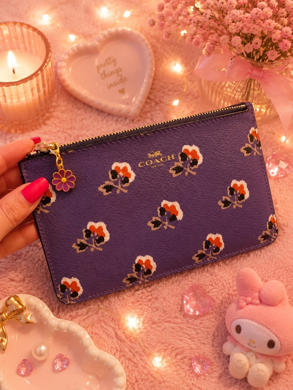 Coach Purple Floral Zip Pouch with Gold Logo & Charm - Picture 5 of 9